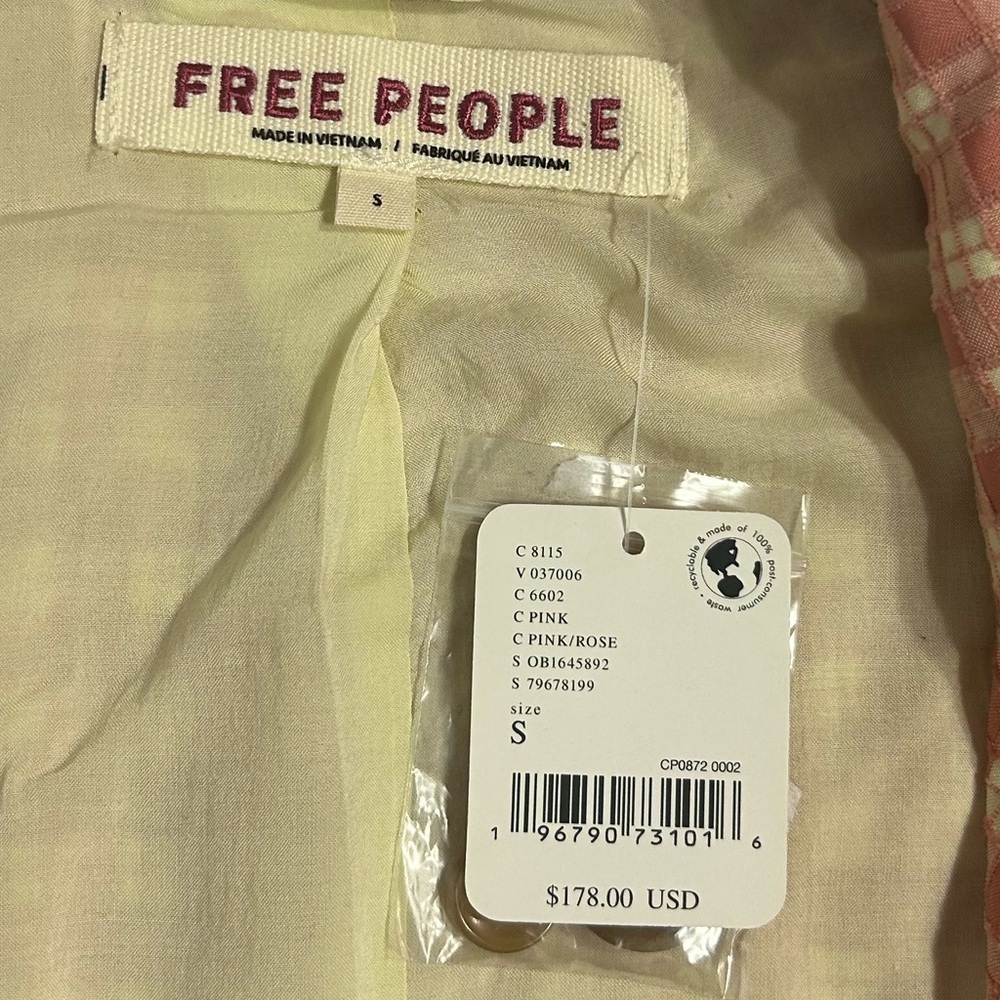 NEW Free People Olivia Gingham Blazer Size S Cream/Pink - Picture 10 of 11